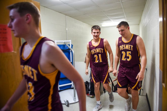 De Smet players return to the court after half-time in the game against Dell Rapids St. Mary on Friday, Jan. 10, 2020 at the Dell Rapids St. Mary High School. 