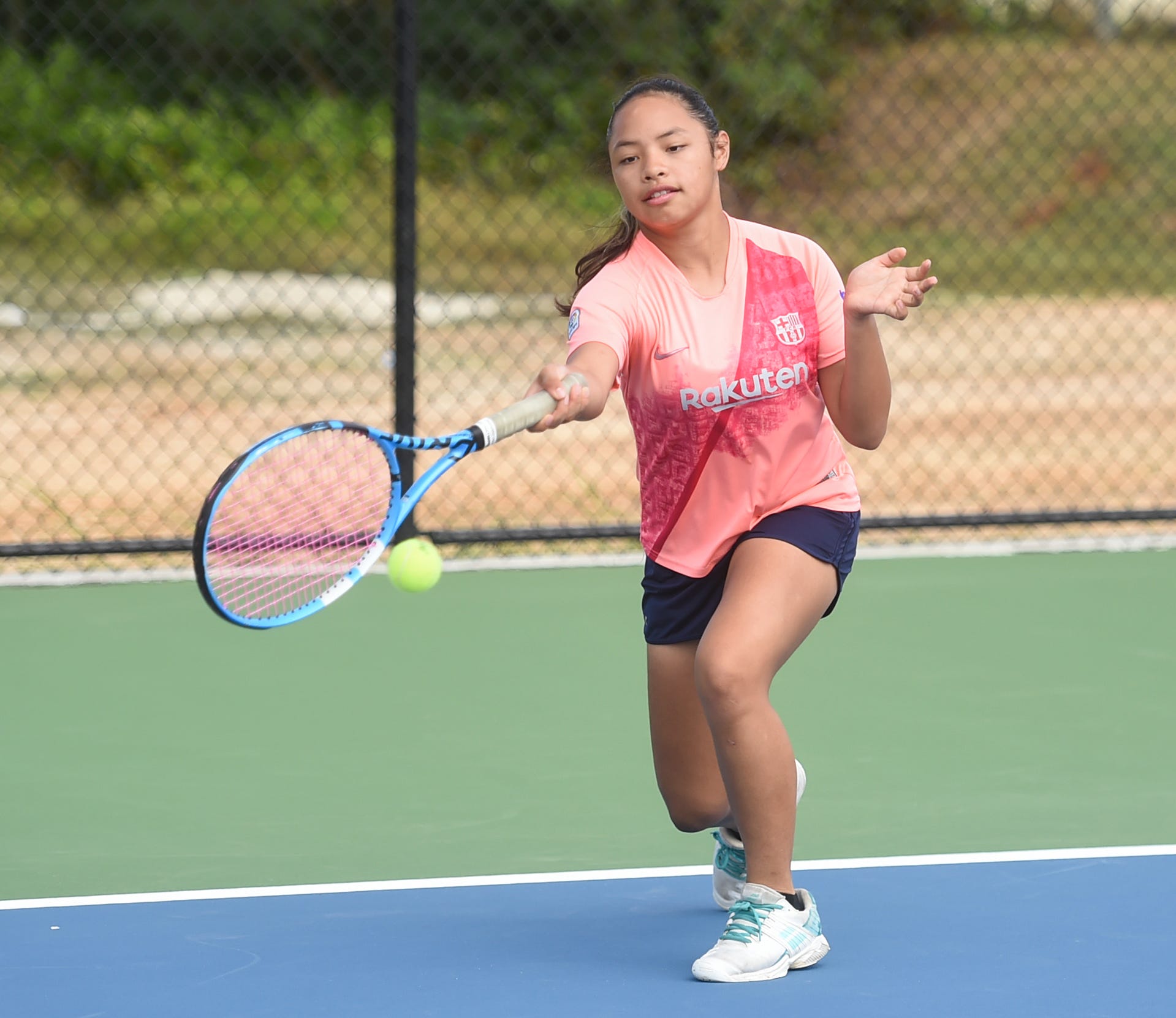Junior national tennis player Amelie Perez-Terlaje warms up during a Guam National Tennis Federation membership drive at the Guam National Tennis Center in Dededo in this Jan. 12, 2020, file photo.