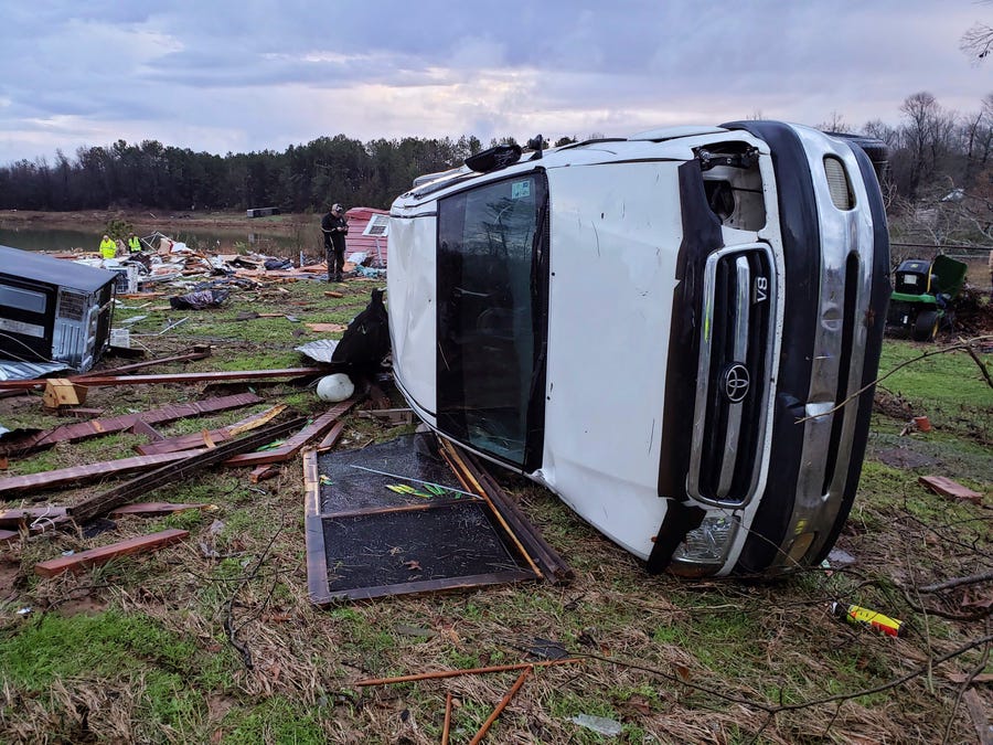 This photo from the Bossier Parish Sheriff's Office shows damage from Friday night's severe weather in Bossier Parish, La., on Saturday, Jan. 11, 2020.