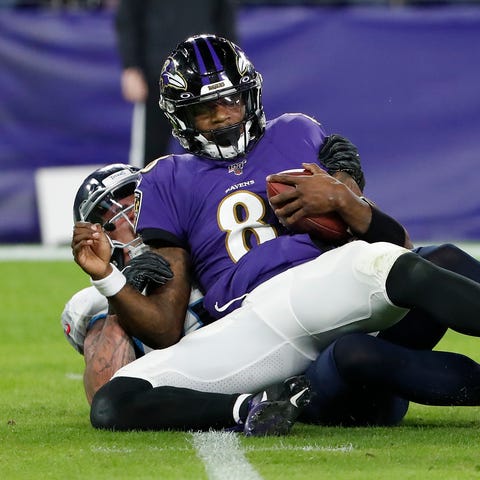 Baltimore Ravens quarterback Lamar Jackson (8) is 