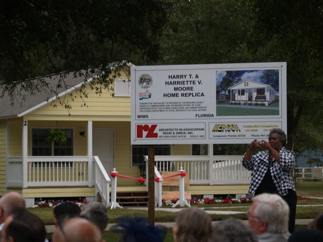 A replica of the home once owned by Harry T. Moore is dedicated and opened to the public in 2009 at the Harry T. and Harriette V. Moore Memorial Park in Mims. This is a replica of the home where Moore and his wife were when members of the Ku Klux Klan detonated a bomb under their bedroom on Dec. 25, 1951, killing Harry Moore. Harriette died from her injuries nine days later.