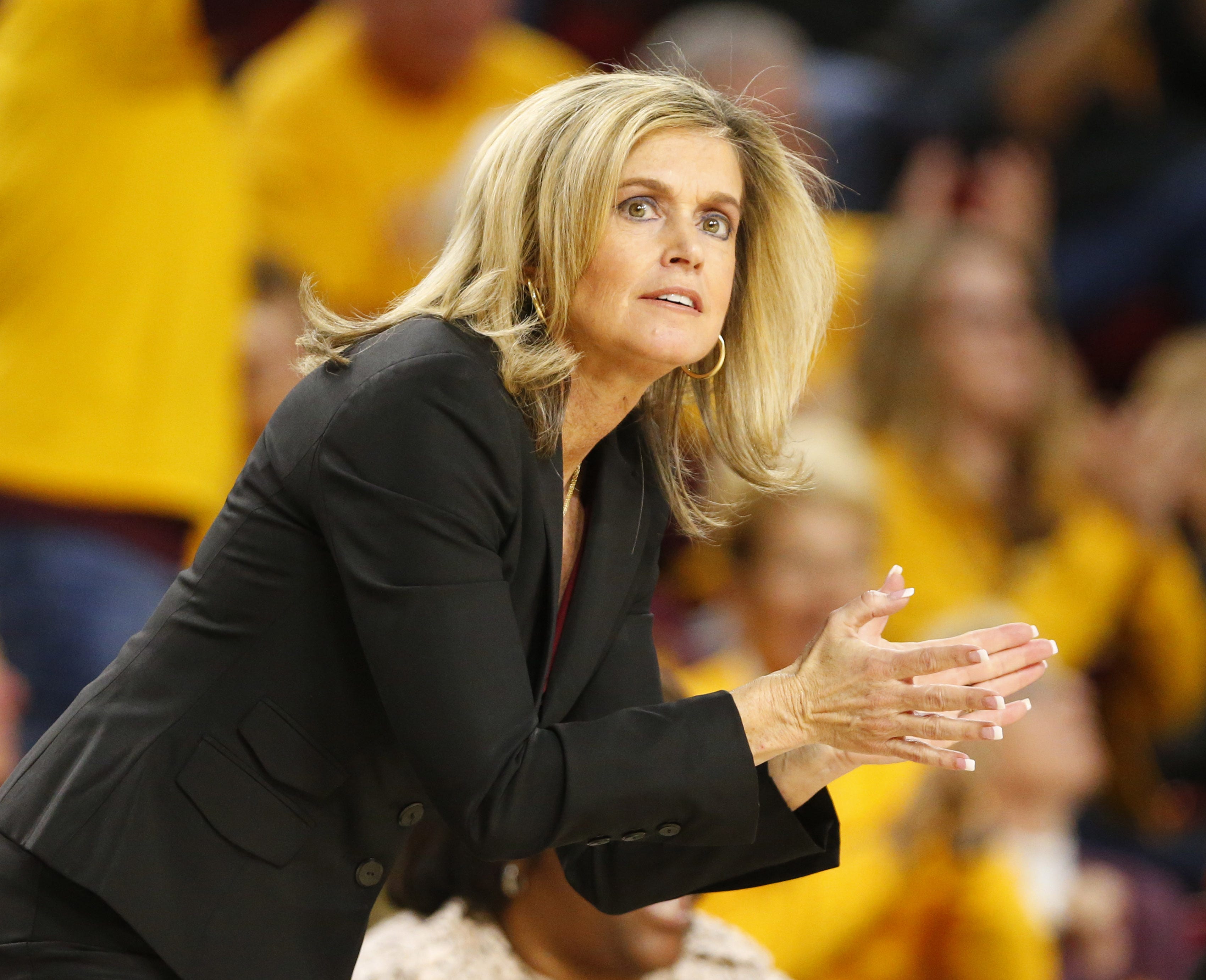 Arizona State head coach Charli Turner Thorne watches her team play against Oregon State during the third quarter at Desert Financial Arena January 12, 2020.
