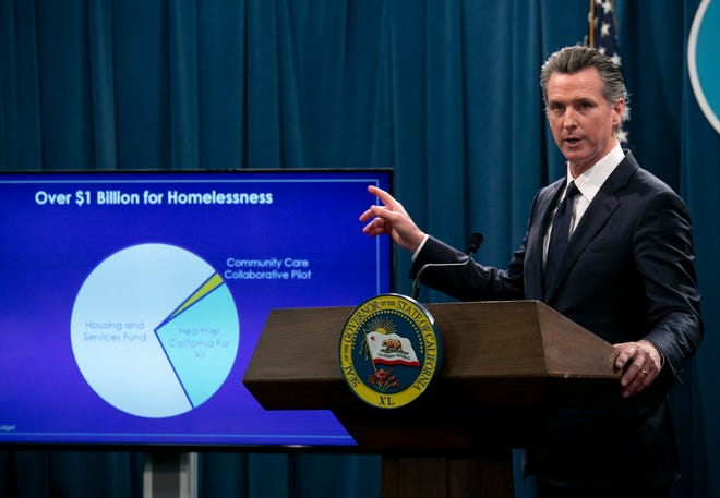 Gov. Gavin Newsom, answering questions on his 2020-21 state budget on January 10, 2020, told reporters: ““You want to know who’s the homeless czar? I’m the homeless czar in the state of California.” Photo use for CalMatters story only