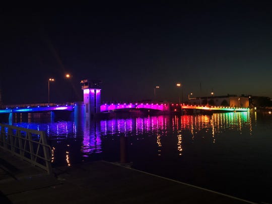 The Walnut Street bridge was lit up with rainbow lights in June to celebrate LGBTQ pride.