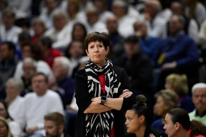 Notre Dame head coach Muffet McGraw in the first half of an NCAA college basketball game, Monday, Dec. 9, 2019, in Storrs, Conn.