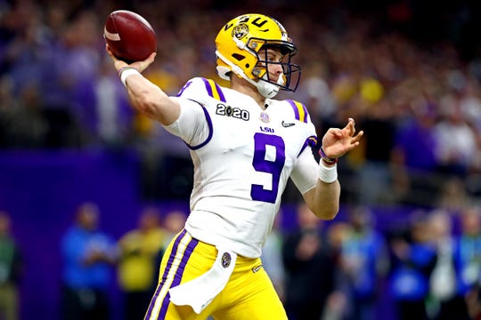 Jan 13, 2020; New Orleans, Louisiana, USA; LSU Tigers quarterback Joe Burrow (9) throws a pass during the first quarter against the Clemson Tigers in the College Football Playoff national championship game at Mercedes-Benz Superdome. Mandatory Credit: Matthew Emmons-USA TODAY Sports