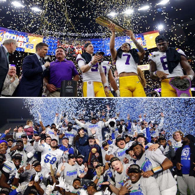 LSU (top) joined UWF (bottom) as football national champions on Monday, Jan. 13, 2020, after the Tigers' win in the College Football Playoff National Championship. UWF won the Division II national title in December.