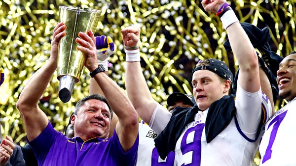 LSU Tigers head coach Ed Orgeron and quarterback J