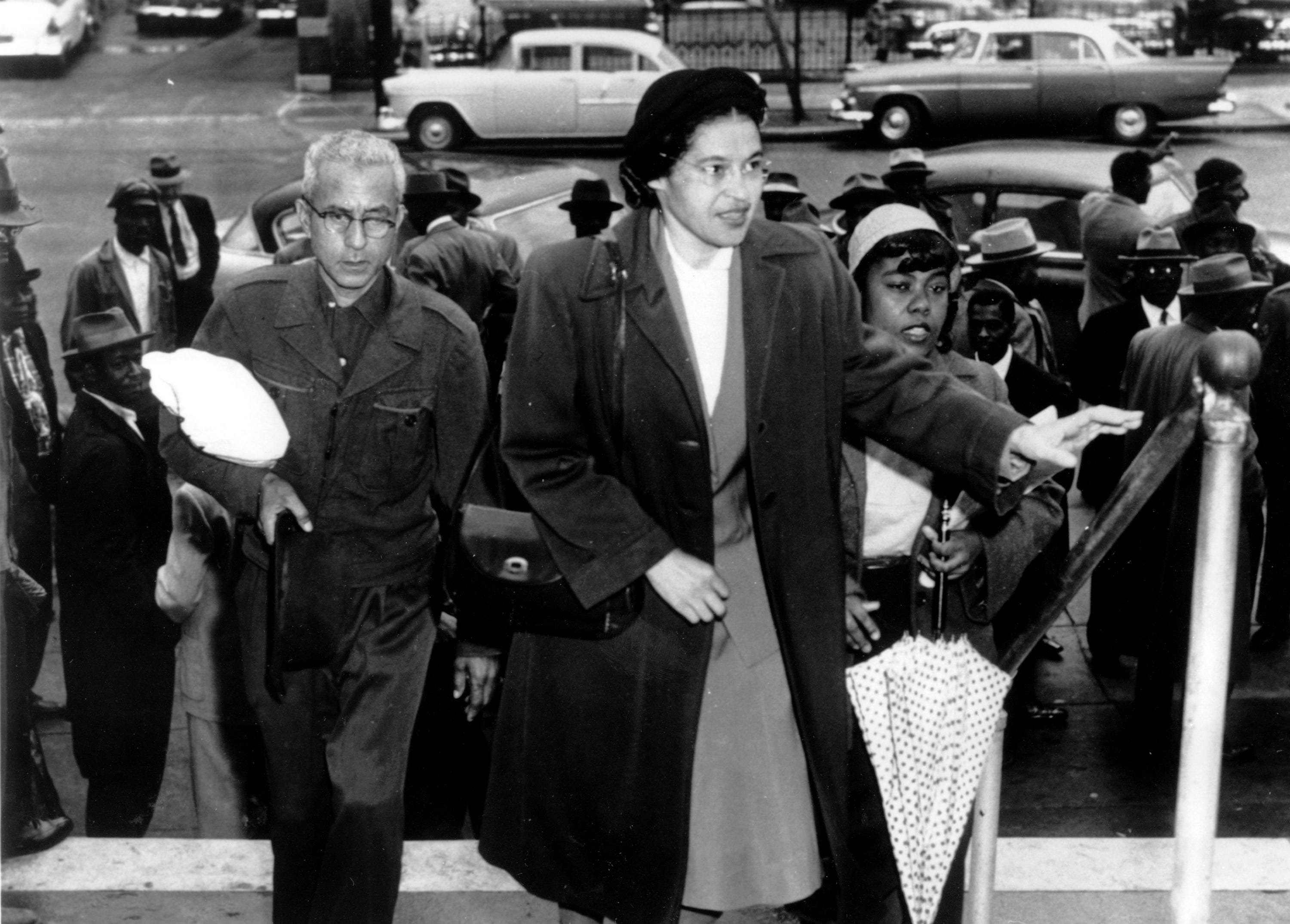 Rosa Parks arrives at circuit court to be arraigned in the racial bus boycott, Feb. 24, 1956, in Montgomery, Alabama. The boycott started Dec. 5, 1955, when Parks was fined for refusing to move to the Black section of a city bus.