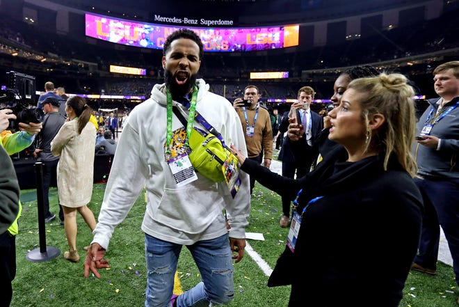 Browns wide receiver Odell Beckham Jr. celebrates Jan. 13 after LSU beat Clemson in the College Football Playoff national championship game at Mercedes-Benz Superdome in New Orleans.