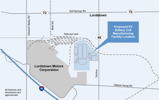 The 158-acre site that General Motors plans to buy and build a new battery plant for electric vehicles. The site is adjacent to GM's former Lordstown Assembly plant in Lordstown, Ohio.