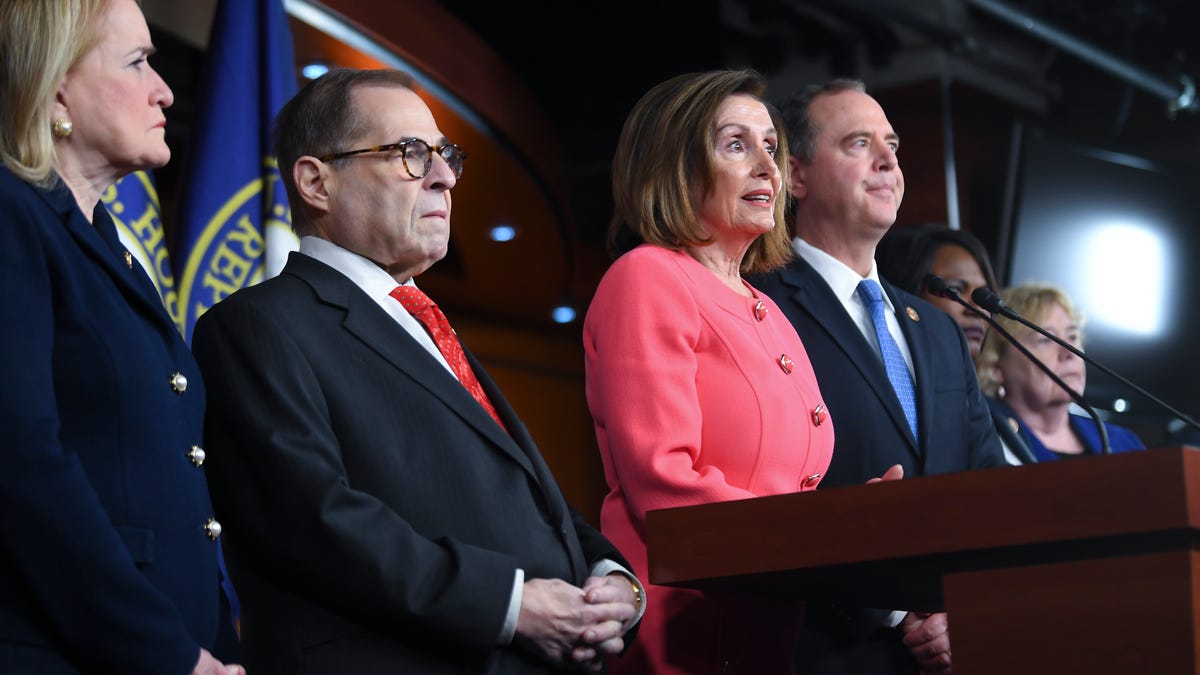 Speaker of the House Nancy Pelosi, D-Calif., announces the impeachment managers at the Capitol in Washington on Jan. 15, 2020. Pelosi named seven people as managers: Intelligence Committee Chairman Adam Schiff, D-Calif.; Judiciary Committee Chairman Jerry Nadler, D-N.Y.; and Reps. Hakeem Jeffries, D-N.Y.; Val Demings, D-Fla.; Zoe Lofgren, D-Calif.; Jason Crow, D-Colo.; and Sylvia Garcia, D-Texas. Schiff was named the lead manager.