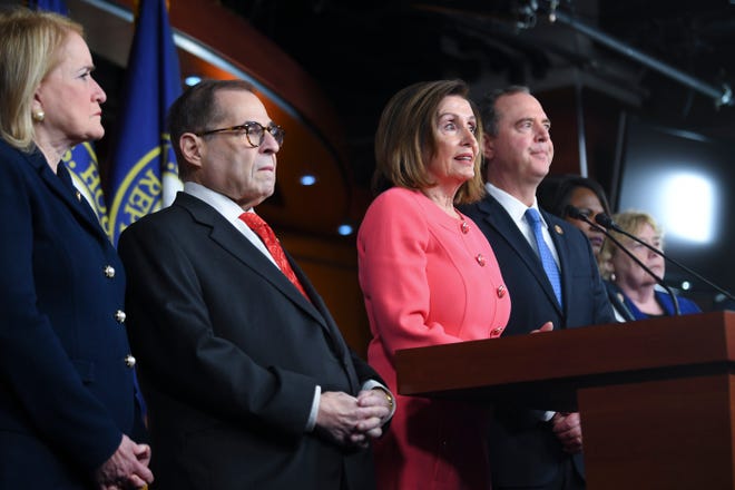 Speaker of the House Nancy Pelosi, D-Calif., announces the impeachment managers at the Capitol in Washington on Jan. 15, 2020. Pelosi named seven people as managers: Intelligence Committee Chairman Adam Schiff, D-Calif.; Judiciary Committee Chairman Jerry Nadler, D-N.Y.; and Reps. Hakeem Jeffries, D-N.Y.; Val Demings, D-Fla.; Zoe Lofgren, D-Calif.; Jason Crow, D-Colo.; and Sylvia Garcia, D-Texas. Schiff was named the lead manager.