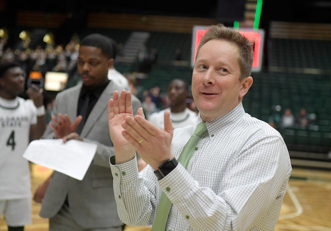 Colorado State Rams head coach Niko Medved celebrates after defeating the New Mexico Lobos at Moby Arena at Colorado State University in Fort Collins, Colo. on Wednesday, January 15, 2020.