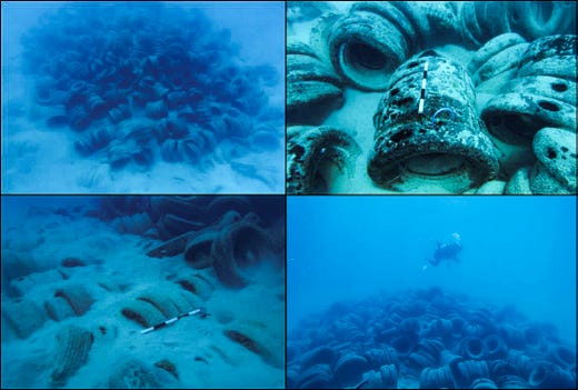 Upper left: Surface overview of Cocos Artificial Reef B. Upper right: Tire tube design used at Cocos Artificial Reef B. - half meter stick used for scale. Lower left: Layers of tire tubes buried underneath the silty bottom substrate. Lower right: Landscape view of Cocos Artificial Tire Reef B.