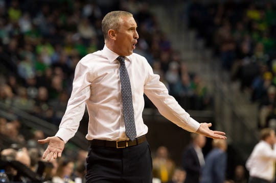 Arizona State Sun Devils head coach Bobby Hurley questions a call during the first half against the Oregon Ducks at Matthew Knight Arena.