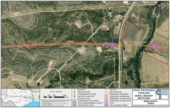 The proposed Permian Global Access Pipeline would cross Spring Creek in Irion County just east of US Highway 67 and south of Farm-to-Market Road 72. (The Dove Creek label on the map is a mistake acknowledged by the company.)