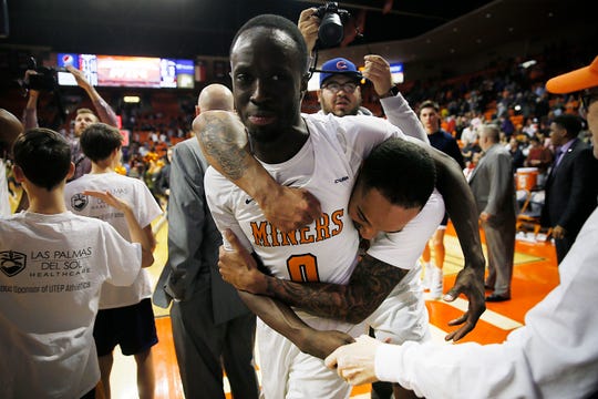 UTEP's Souley Boum and Daryl Edwards celebrate after their 80-77 win in overtime against UTSA Wednesday, Jan. 15, at the Don Haskins Center in El Paso.