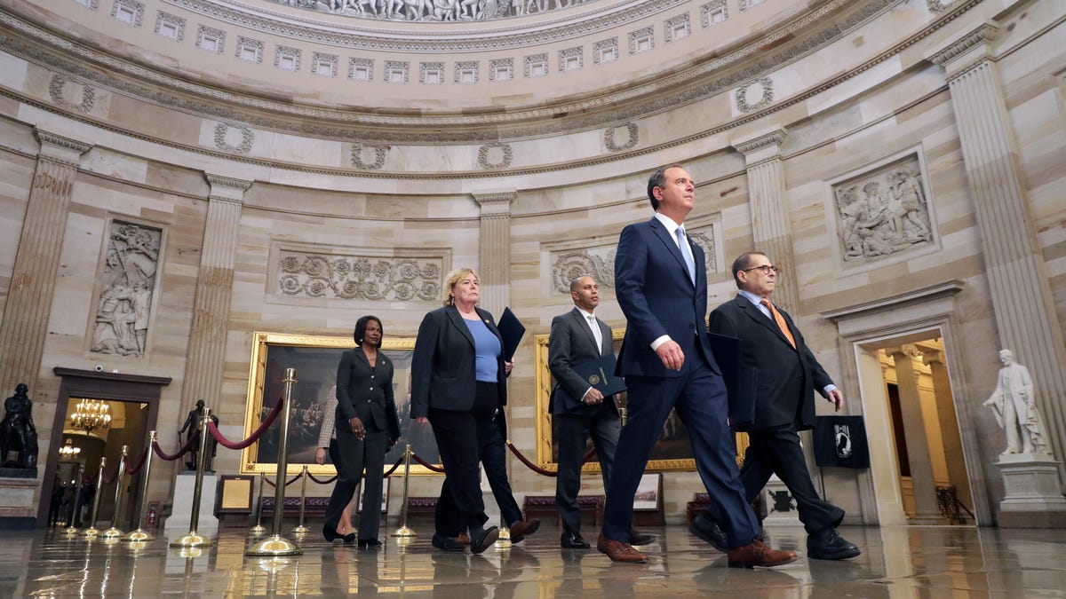 Rep. Adam Schiff (D-CA), Rep. Jerrold Nadler (D-NY), Rep. Zoe Lofgren (D-CA), Rep. Hakeem Jeffries (D-NY), Rep. Val Demings (D-FL), Rep. Jason Crow (D-CO) and Rep. Sylvia Garcia (D-TX) walk through the Rotunda of the U.S. Capitol on their way to the U.S. Senate January 16, 2020 in Washington, DC. The members of Congress were appointed as managers of the impeachment trial of President Donald Trump, which is expected to begin in earnest early next week.