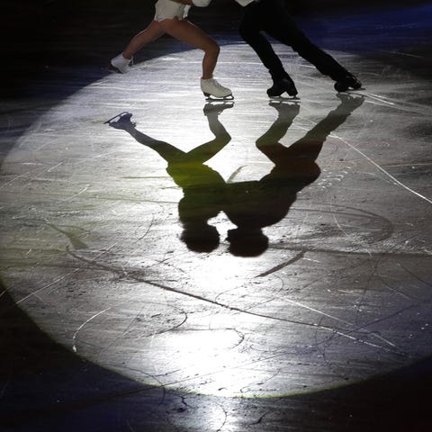 Skaters perform during an exhibition.