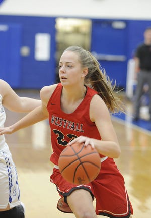 Westfall's Marcy Dudgeon dribbles the ball to the rim during a game against Southeastern on Thursday Jan. 16, 2020 at Southeastern High School in Chillicothe, Ohio.