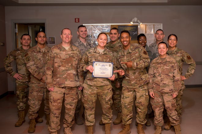 taff Sgt. Serena Beaird, 49ths EMS unit deployment manager, receives the Diamond Sharp Award from the 49th Wing First Sergeants Council, Jan. 14, 2020. Every month, a first sergeant has the honor of choosing a deserving Airman to be presented the Diamond Sharp Award for an outstanding act or continuous outstanding performance.