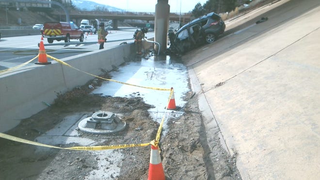 A photo of the scene of a rollover crash that killed a Fallon woman on Interstate 80, near the Virginia Street off-ramp.