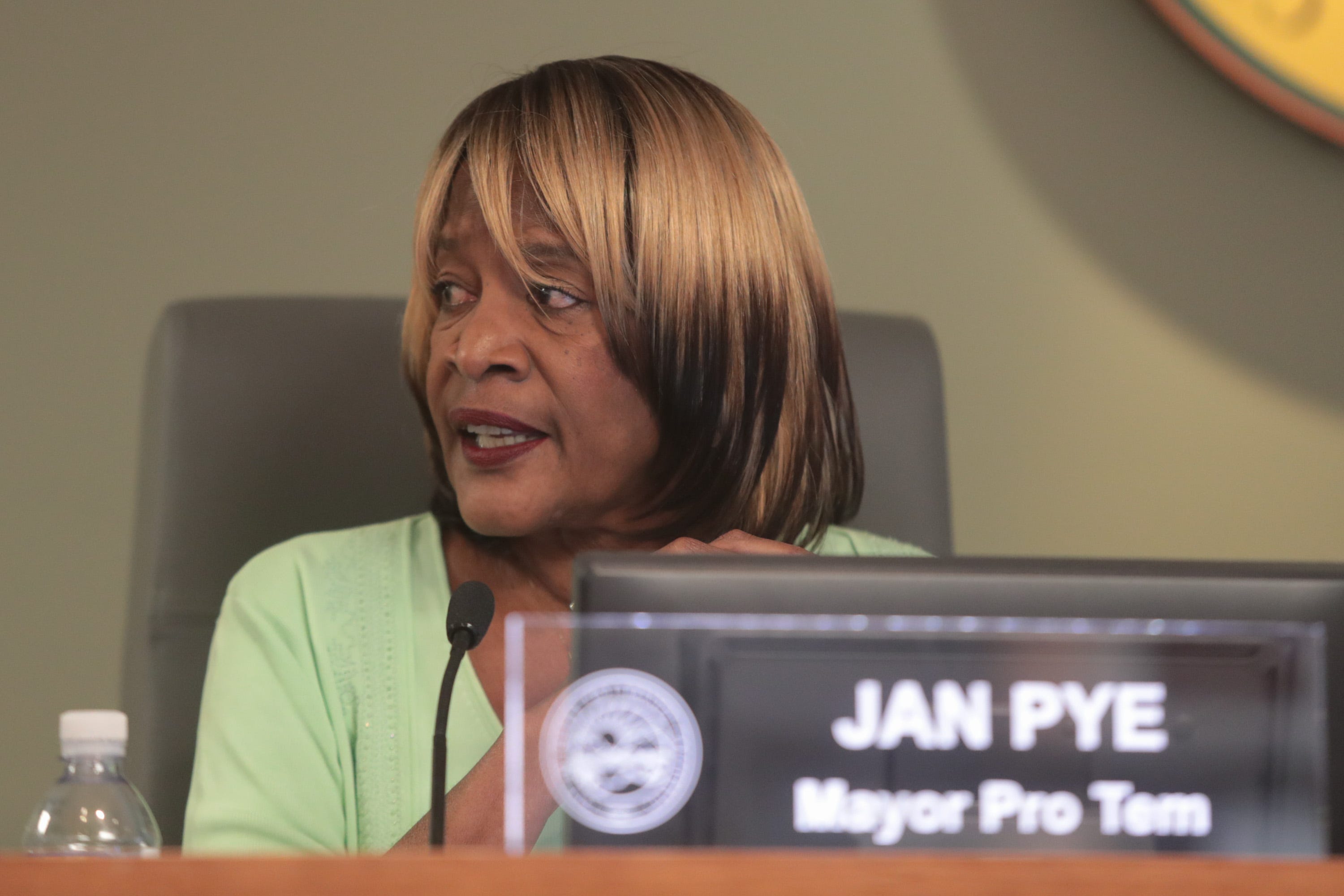 Councilmember Jan Pye speaks at a Desert Hot Springs City Council meeting, Desert Hot Springs, Calif., May 8, 2019.