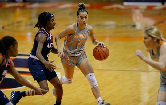Katia Gallegos dribbles against UTSA during Saturday's game at the Don Haskins Center