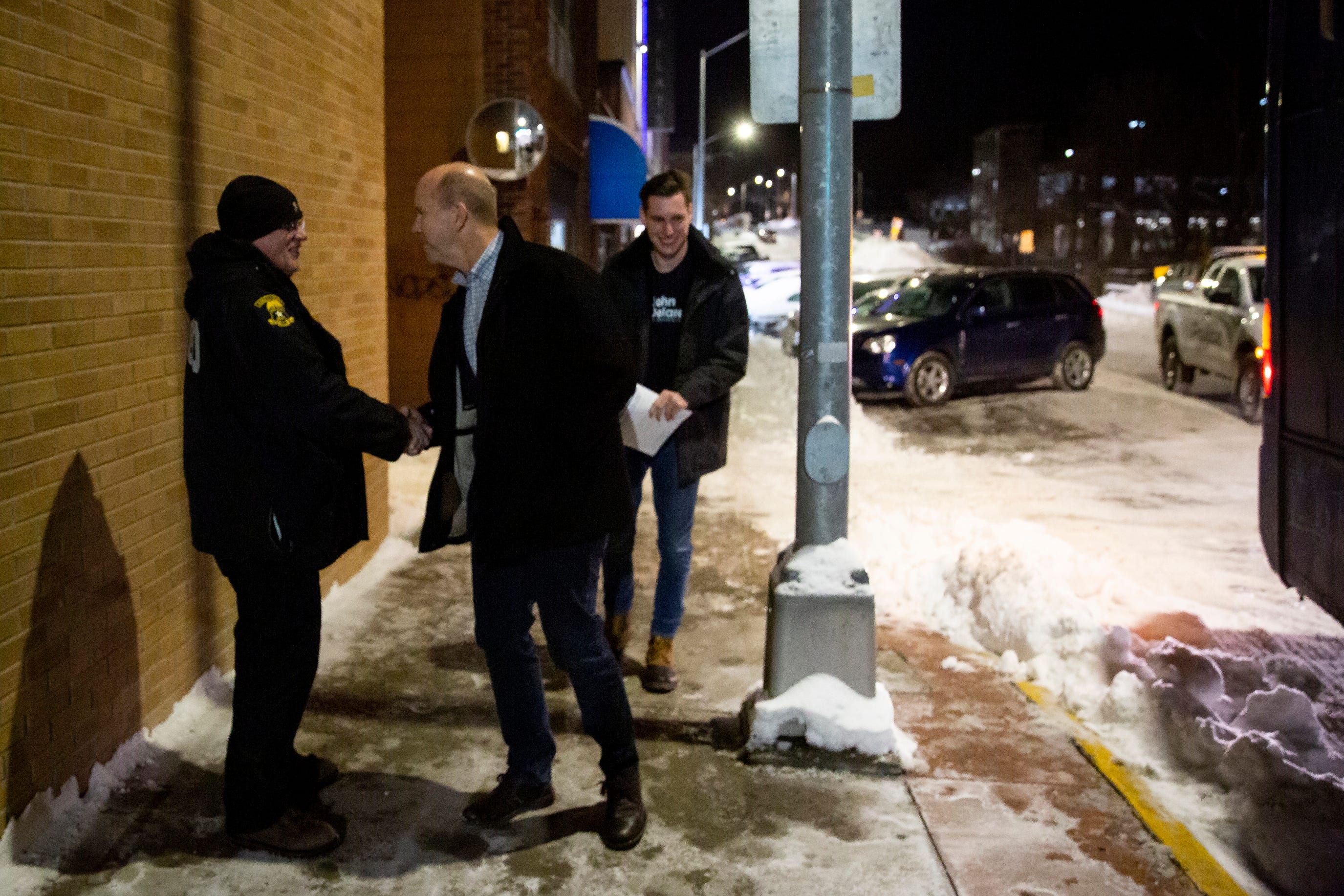 6:19 p.m., Ames — After a 15-minute speech telling Democrats, “we’re all in this together,” John Delaney immediately departs and heads for “Big Blue,” his campaign RV, which — earlier in the day — drove through high winds on its way to Ames from Tama. He and his staffers get to the vehicle after a parking officer from the Ames Police Department has stopped near it, sparking fears that the RV might be towed. Delaney talks with the officer, ending the conversation with a laugh before leaving.