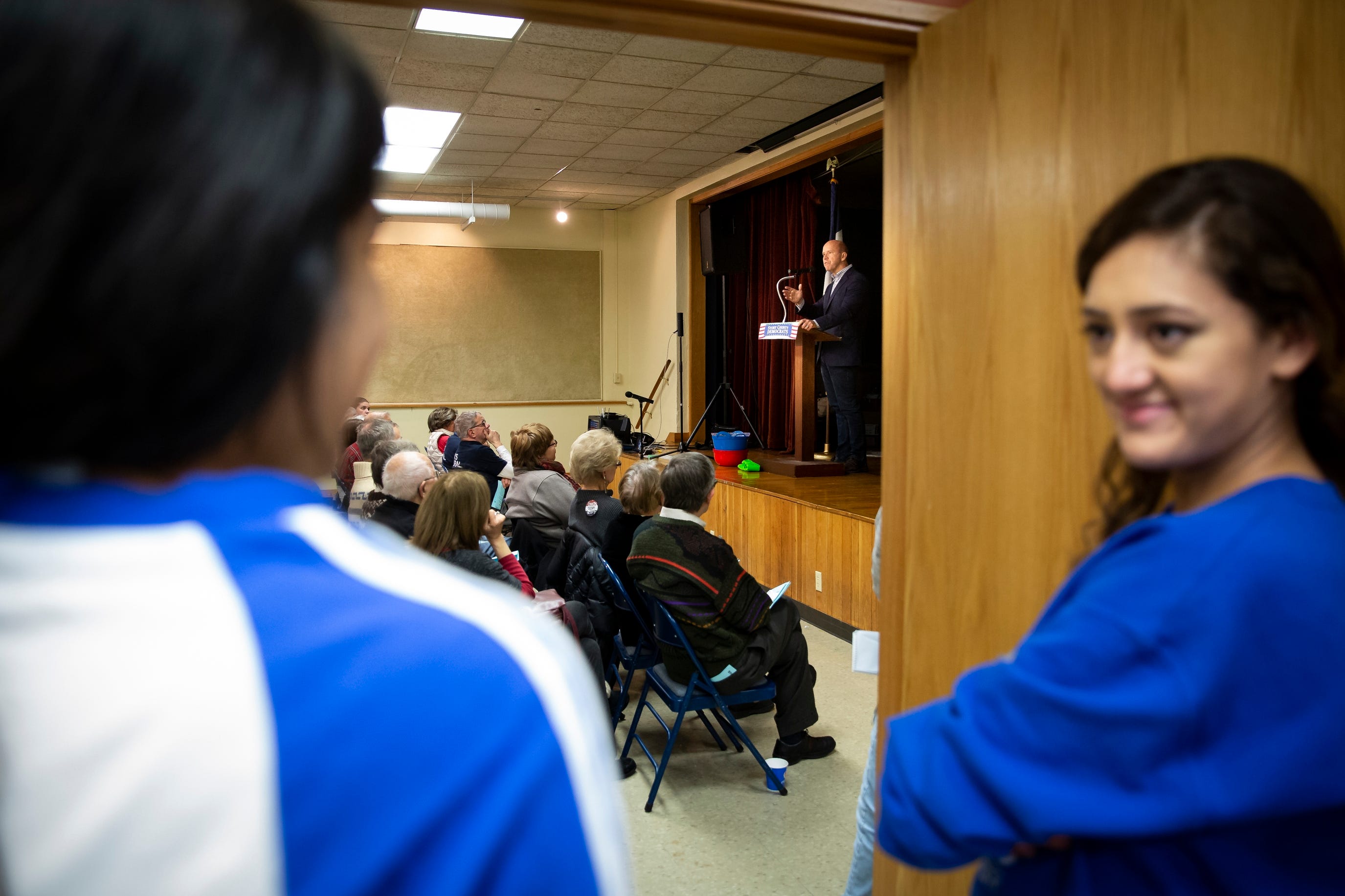 6:15 p.m., Ames — Iowa State College Democrats president Sehba Faheem listens to John Delaney speak at the Story County Democrats' Soup Supper fundraiser.