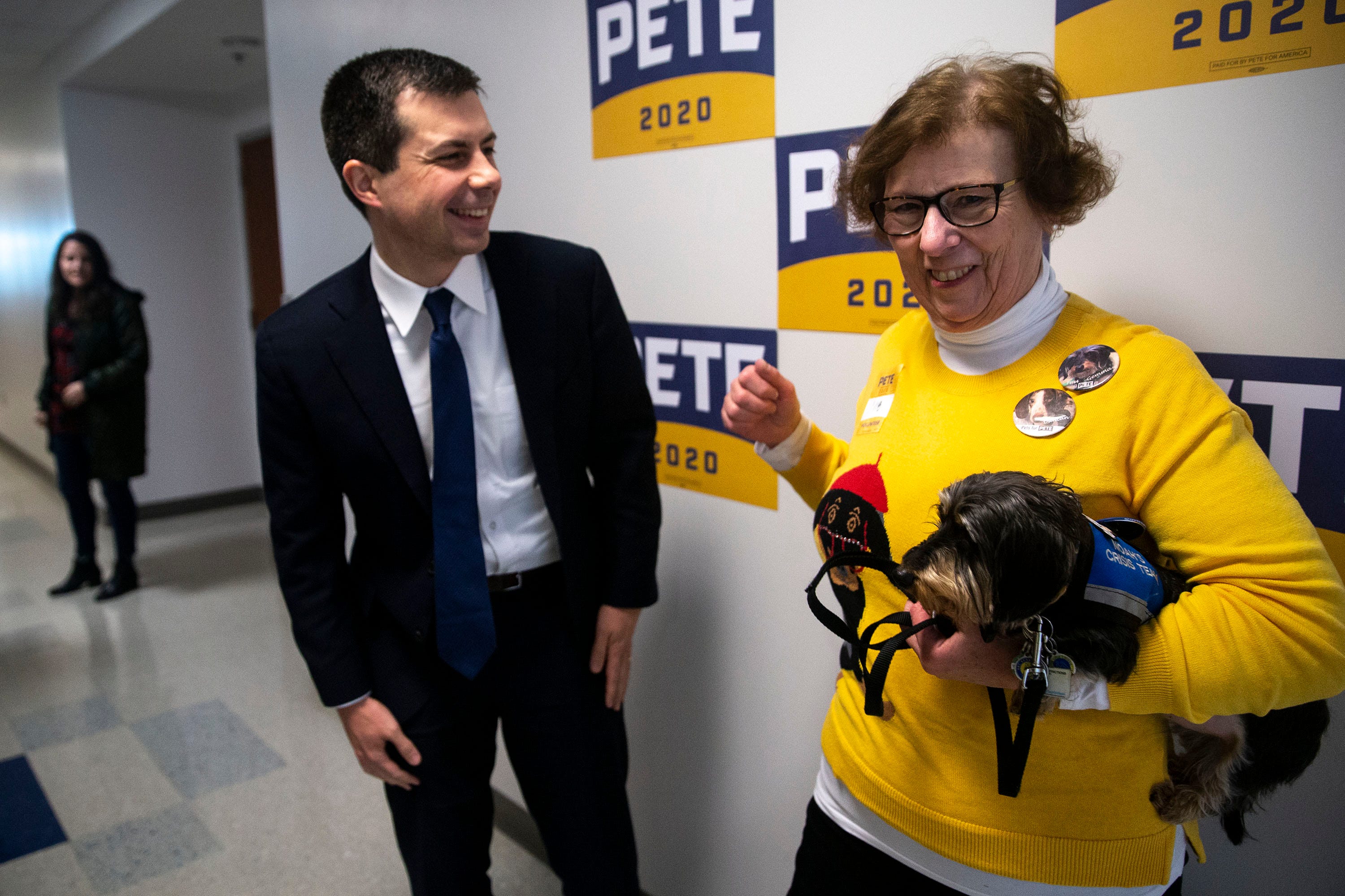 2:46PM - Pete Buttigieg, former Mayor of South Bend, Ind., meets campaign volunteer Vikki O'Hara, of Council Bluffs, and her two-year-old Dachshund Gemma before holding a town hall on Saturday, Jan. 18, 2020, in Harlan.