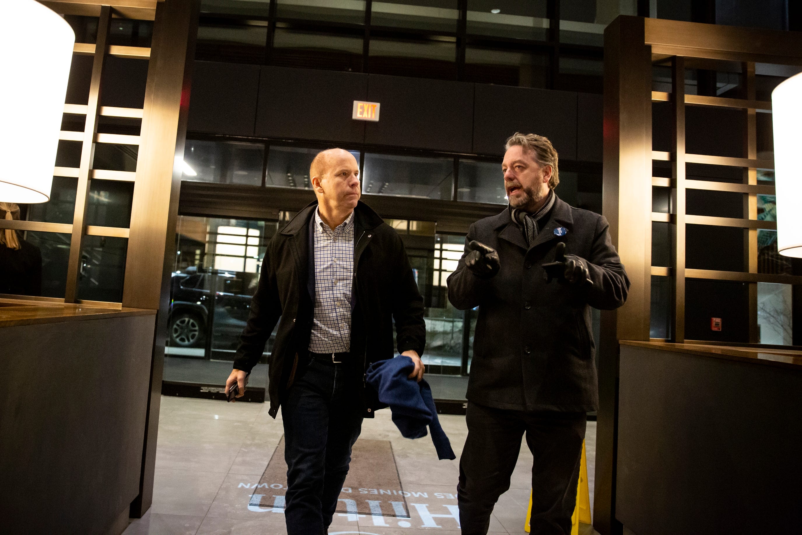 7:08 p.m. Des Moines — John Delaney and his state campaign director, Brent Roske, walk into the Hilton Des Moines Downtown after an appearance in Ames. The candidate says good night and heads up to his room.