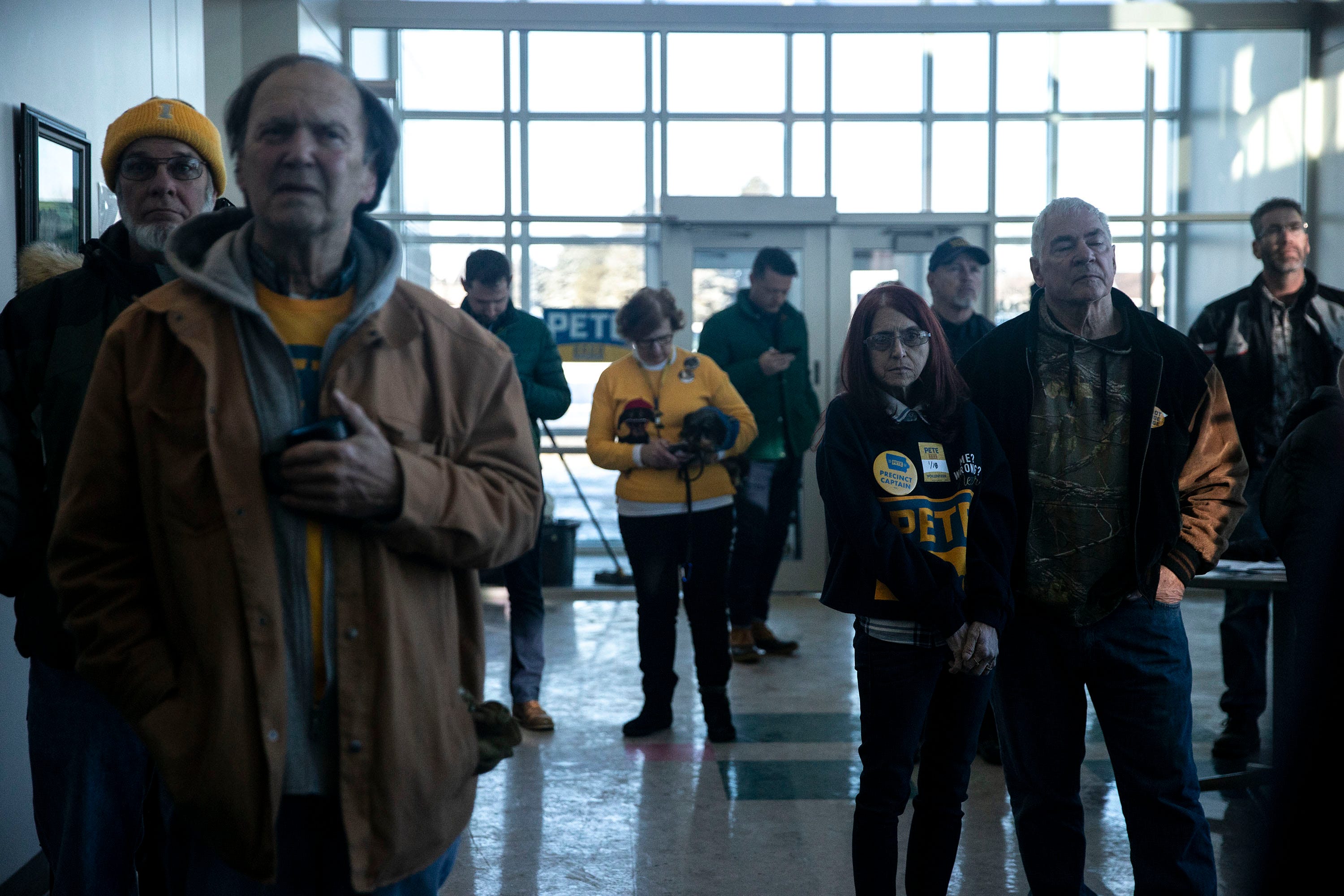 3:07PM - People stand at the back back of the room to listen to Pete Buttigieg, former Mayor of South Bend, Ind., during a town hall on Saturday, Jan. 18, 2020, in Harlan.