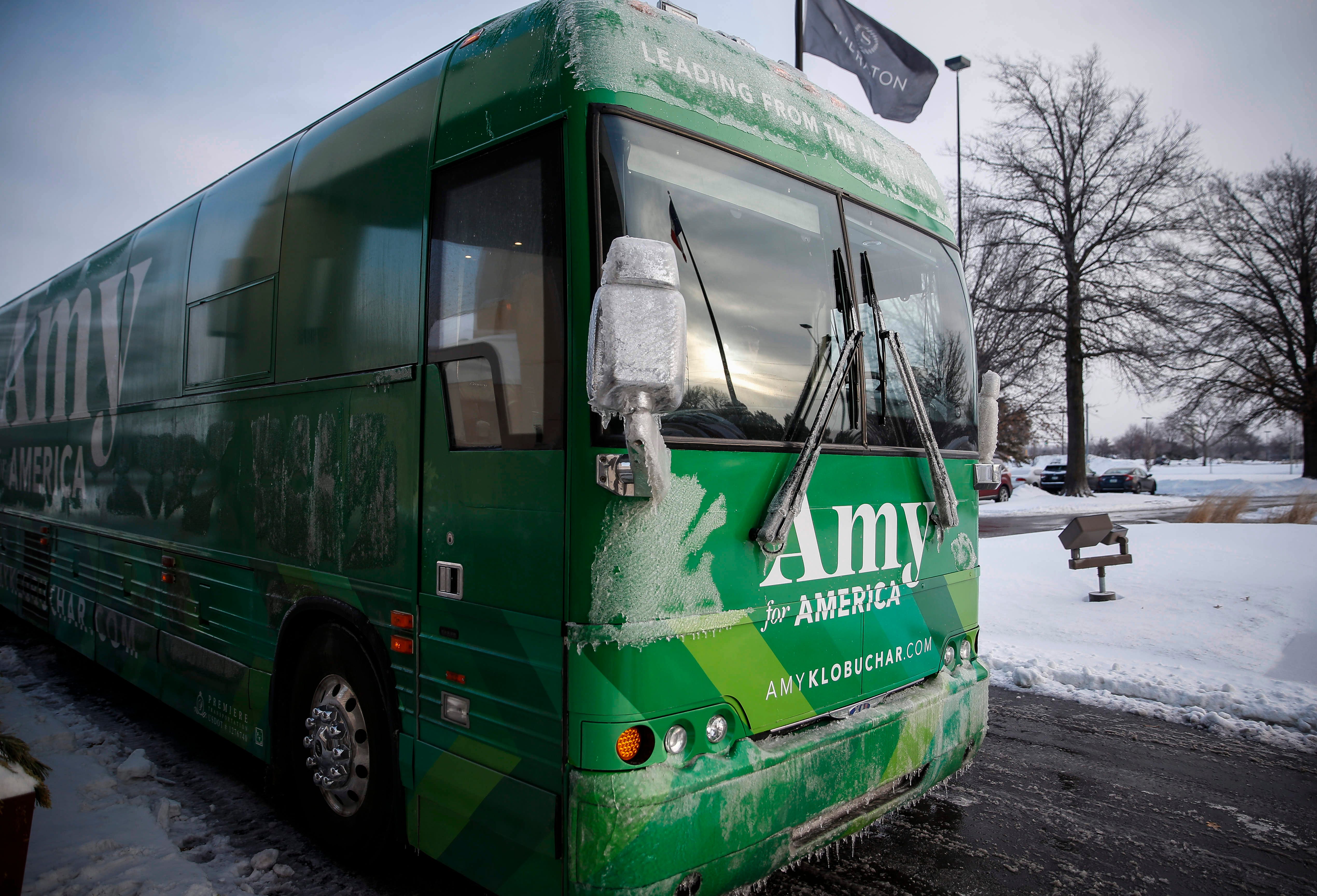 BRYON 8:57 A.M., West Des Moines -- The campaign bus for U.S. Sen. and Democratic presidential candidate hopeful Amy Klobuchar is covered in ice as it idles in the parking lot of the West Des Moines Sheraton hotel. Less than an hour later, the bus broke down due to the bitterly cold weather.
