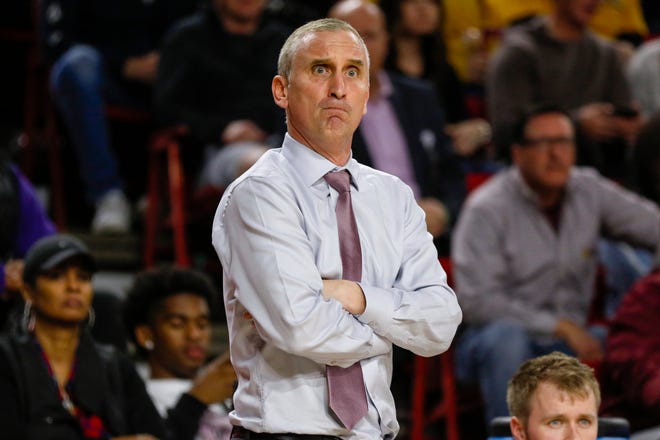 Arizona State Sun Devils head coach Bobby Hurley stares at a referee against the Utah Utes on Jan. 18, 2020 at Desert Financial Arena in Tempe, AZ. (Brady Klain/The Republic)