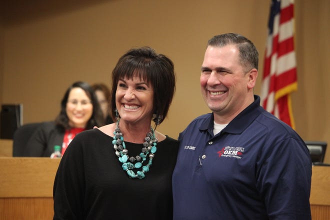 Las Cruces High School principal Michelle Ronga poses with Cullen Combs, emergency manager for the city of Las Cruces and Doña Ana County, during the school board meeting on Tuesday, Jan. 21, 2020. Combs had given a presentation thanking the high school and the school district for assisting with emergency shelter during the 2019 migrant crisis in Las Cruces.
