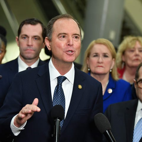 Lead House Manager Adam Schiff speaks to the press