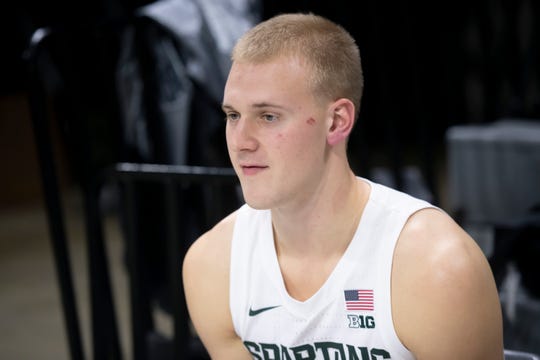 Michigan State forward Joey Hauser answers questions during the basketball team's media day in October at Breslin Center in East Lansing.