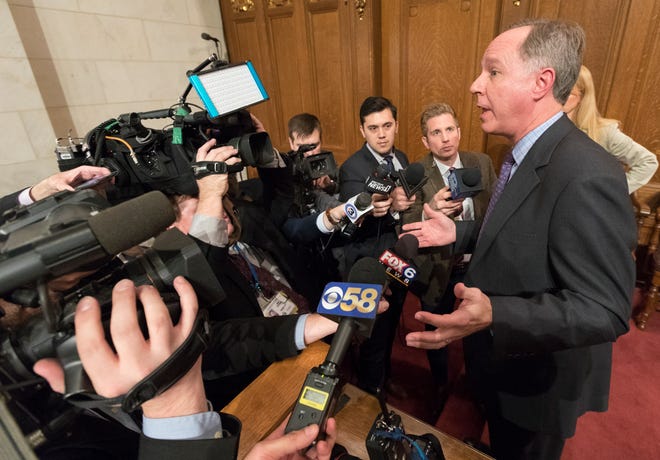 Assembly Speaker Robin Vos, R-Rochester, speaks to reporters after Gov. Tony Evers delivered his State of the State address at the Capitol in Madison in January.