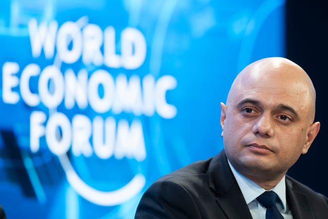 Sajid Javid, Britain's Chancellor of the Exchequer, pictured during the 50th annual meeting of the World Economic Forum, WEF, in Davos, Switzerland, Wednesday, Jan. 22, 2020.  (Gian Ehrenzeller/Keystone via AP)