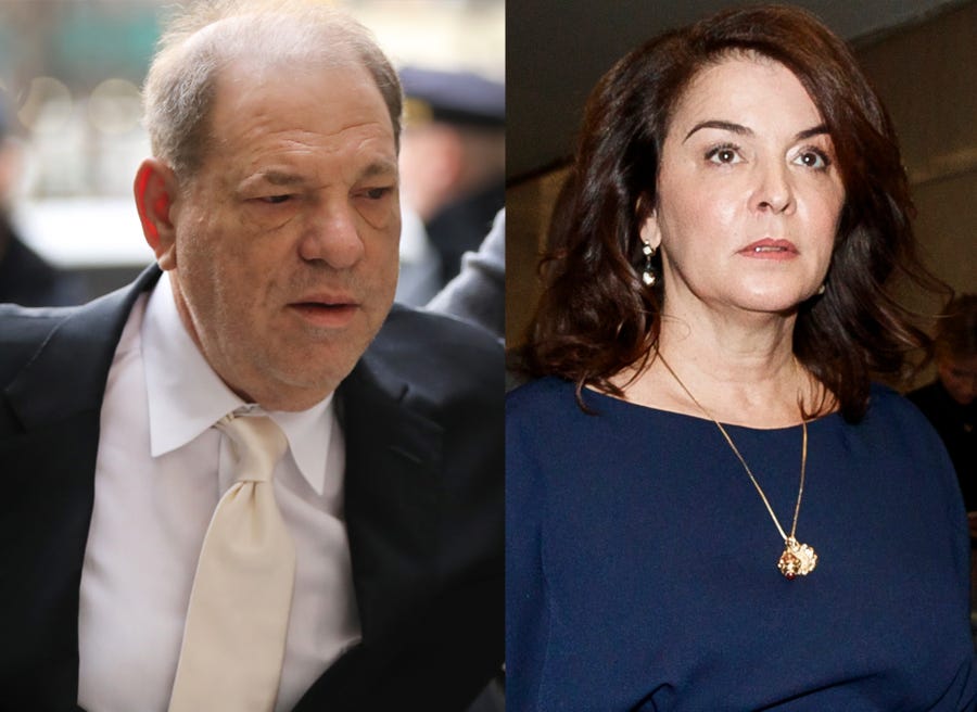 A second day of testimony in Harvey Weinstein's sex-crimes trial began Jan. 23, 2020, with the first accuser to take the stand, Annabella Sciorra, the "Sopranos" actress who choked up as she described how Weinstein raped her in her New York apartment in the winter of 1993-94 and later told her in a "threatening" way not to tell anyone.