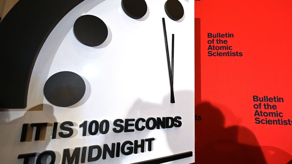 The Doomsday Clock reads 100 seconds to midnight, a decision made by The Bulletin of Atomic Scientists, during an announcement at the National Press Club in Washington, D.C., on January 23, 2020.