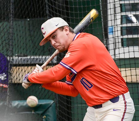 Clemson sophomore Bryar Hawkins(10) during batting practice at the first official team Spring practice at Doug Kingsmore Stadium in Clemson Friday, January 24, 2020.
