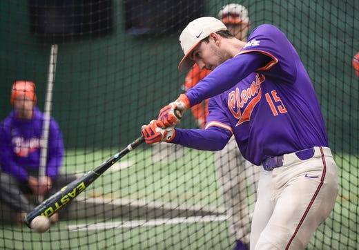 Clemson sophomore James Parker (15), former T.L. Hanna High standout, during batting practice at the first official team Spring practice at Doug Kingsmore Stadium in Clemson Friday, January 24, 2020.