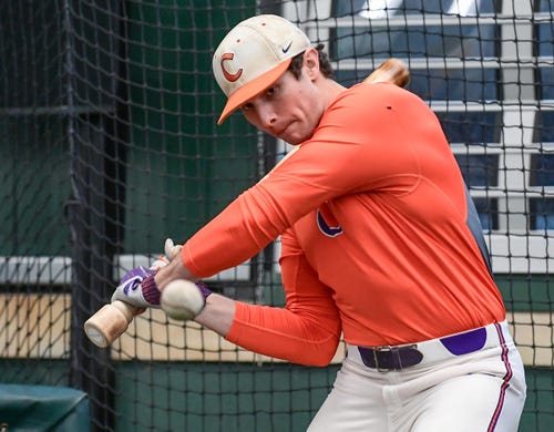 Clemson junior Bryce Teodosio (13) during batting practice at the first official team Spring practice at Doug Kingsmore Stadium in Clemson Friday, January 24, 2020.