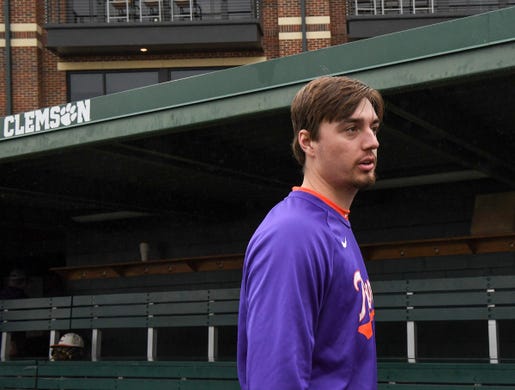 Clemson sophomore pitcher Jackson Lindley (25) before their first official team Spring practice at Doug Kingsmore Stadium in Clemson Friday, January 24, 2020.