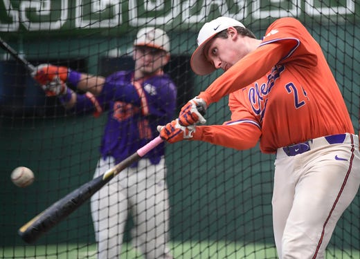 Clemson freshman infielder Mac Starbuck(24) during batting practice at the first official team Spring practice at Doug Kingsmore Stadium in Clemson Friday, January 24, 2020.