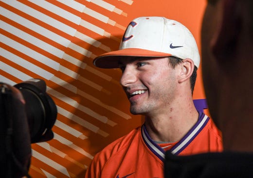 Clemson sophomore Sam Hall(5) talks with media before their first official team Spring practice at Doug Kingsmore Stadium in Clemson Friday, January 24, 2020.
