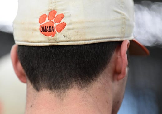 Clemson sophomore pitcher Davis Sharpe wears his hat with "Omaha" on the back, during batting practice at the first official team Spring practice at Doug Kingsmore Stadium in Clemson Friday, January 24, 2020.